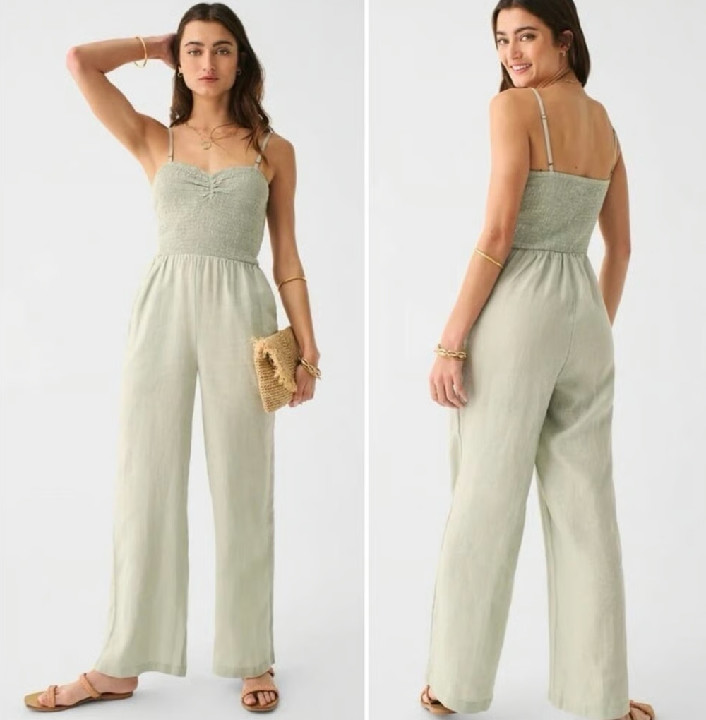 Faherty Smocked Jumpsuit Womens Small Desert Sage Green Mandy Linen Wide Leg